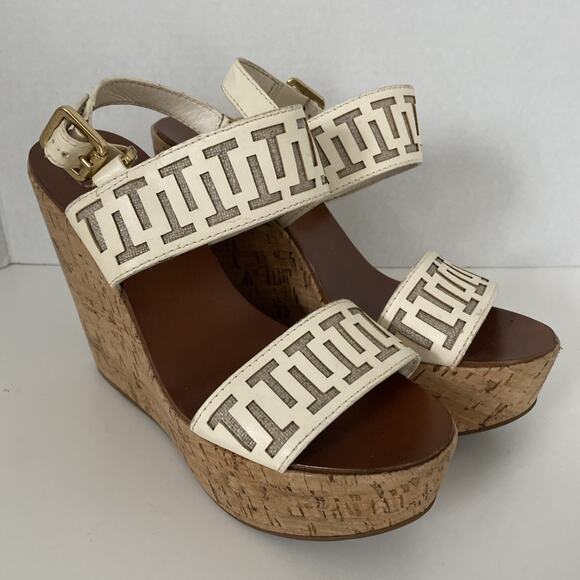 Tory Burch Regan Sandal Wedge Cork Platform White Leather Open Toe Ankle… - Picture 2 of 8